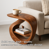 Handcrafted Solid Wood Armrest Table – Sculptural Sofa Side Table with Storage Shelf