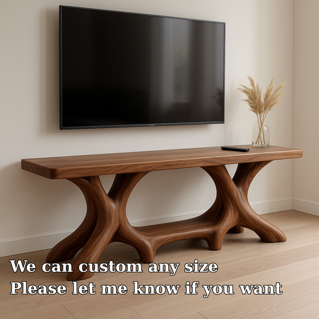 Handcrafted Solid Wood TV Stand – Modern Organic Furniture with Sculptural Curved Base