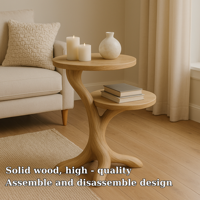 Handcrafted Solid Wood End Table – Two-Tier Light Oak Organic Design for Modern Living Rooms