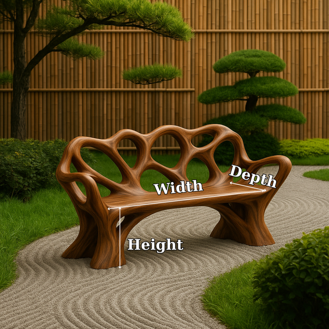 Handcrafted Solid Wood Bench with Backrest – Artistic Organic Design for Garden or Patio
