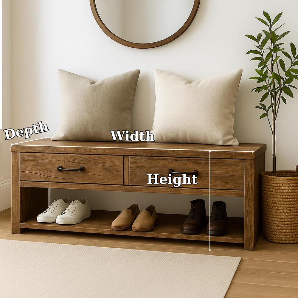 Handcrafted Solid Wood Bench – Rustic Walnut Entryway Shoe Bench with Drawers and Storage Shelf