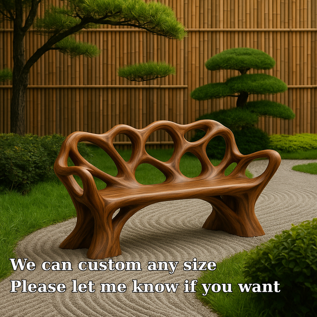 Handcrafted Solid Wood Bench with Backrest – Artistic Organic Design for Garden or Patio