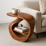 Handcrafted Solid Wood Armrest Table – Sculptural Sofa Side Table with Storage Shelf