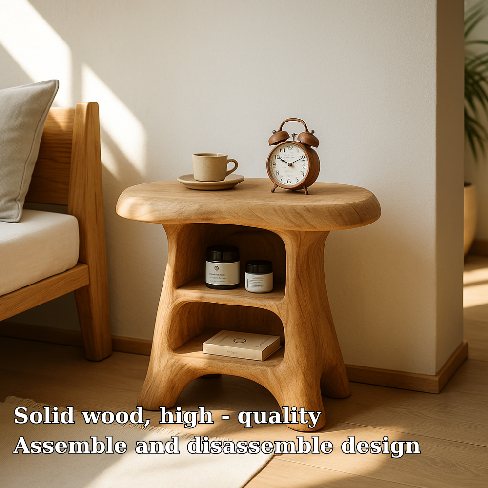 Handcrafted Solid Wood Nightstand – Organic Curved Bedside Table with Open Storage