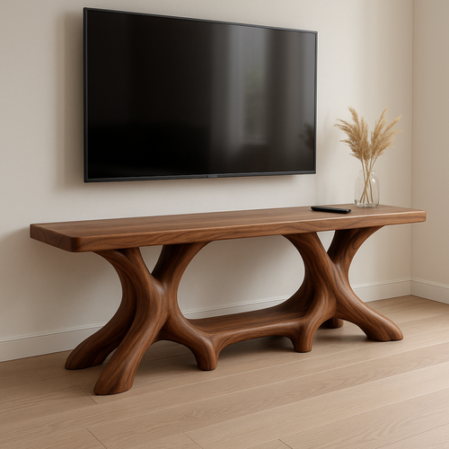 Handcrafted Solid Wood TV Stand – Modern Organic Furniture with Sculptural Curved Base