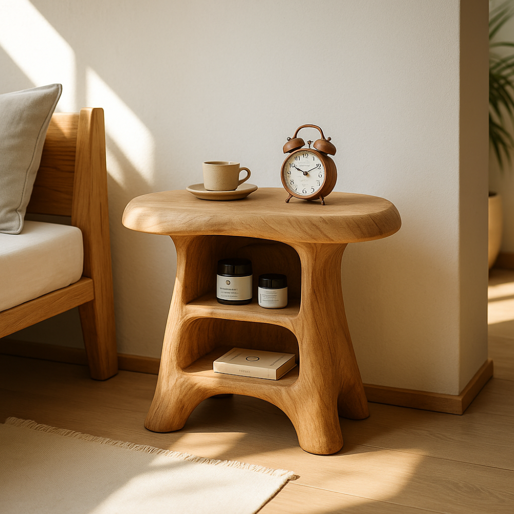 Handcrafted Solid Wood Nightstand – Organic Curved Bedside Table with Open Storage