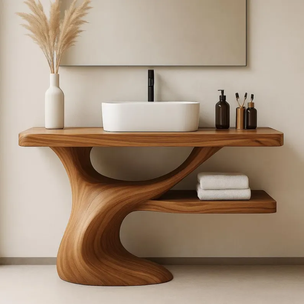 Handcrafted Solid Wood Bathroom Vanity with Curved Organic Base – Modern Minimalist Design