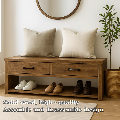 Handcrafted Solid Wood Bench – Rustic Walnut Entryway Shoe Bench with Drawers and Storage Shelf