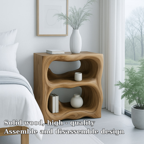 Handcrafted Solid Wood Nightstand – Sculptural Organic Bedside Table with Open Shelves
