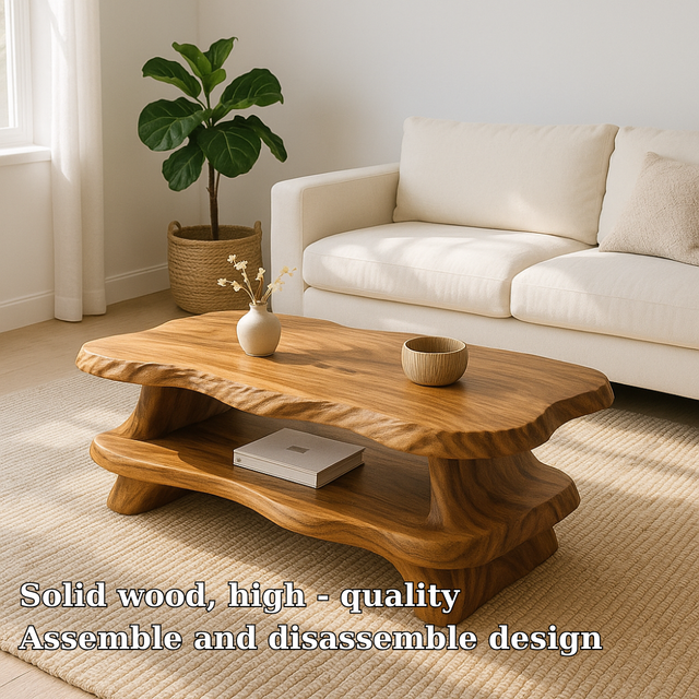 Handcrafted Solid Wood Coffee Table – Organic Live-Edge Design with Sculpted Double Shelf