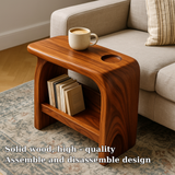 Handcrafted Solid Wood Armrest Table with Storage Shelf – Sculpted Organic Design
