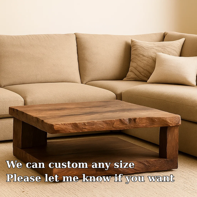 Handcrafted Solid Wood Coffee Table – Rustic Square Design with Natural Texture and Shelf
