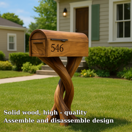 Handcrafted Solid Wood Mailbox with Sculptural Twisted Base – Outdoor Decorative Post Box