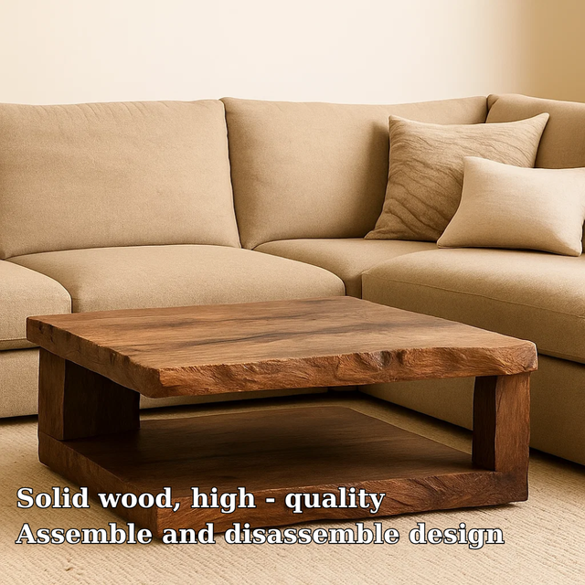 Handcrafted Solid Wood Coffee Table – Rustic Square Design with Natural Texture and Shelf