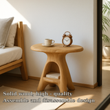 Handcrafted Solid Wood Nightstand – Sculpted Round Bedside Table with Open Storage