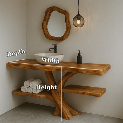 Handcrafted Solid Wood Bathroom Vanity – Natural Live Edge Design with Organic Curved Base