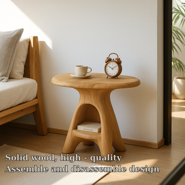 Handcrafted Solid Wood Nightstand – Sculpted Round Bedside Table with Open Storage