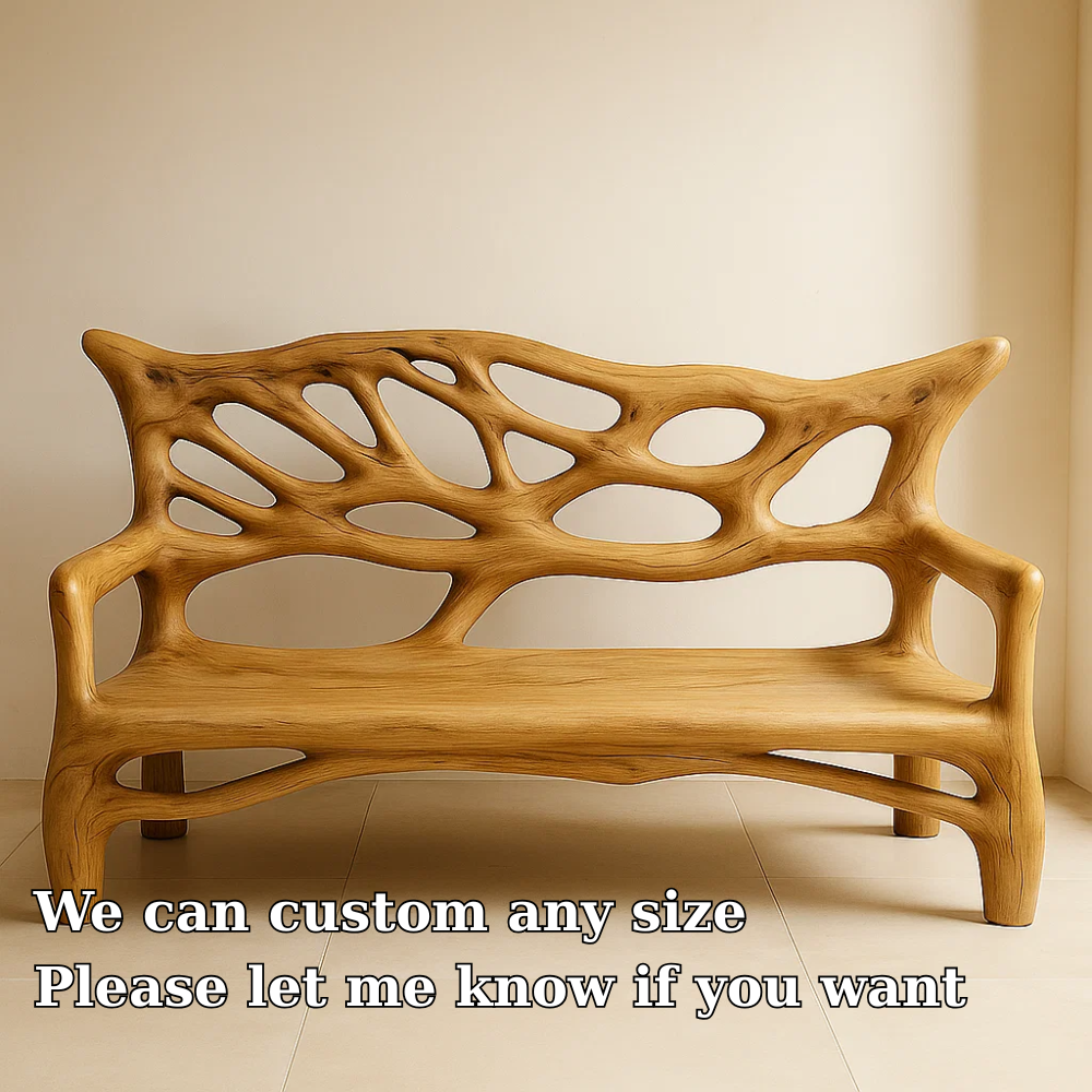 Handcrafted Solid Wood Bench – Sculptural Oak Art Bench with Organic Carved Backrest Design
