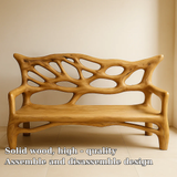 Handcrafted Solid Wood Bench – Sculptural Oak Art Bench with Organic Carved Backrest Design