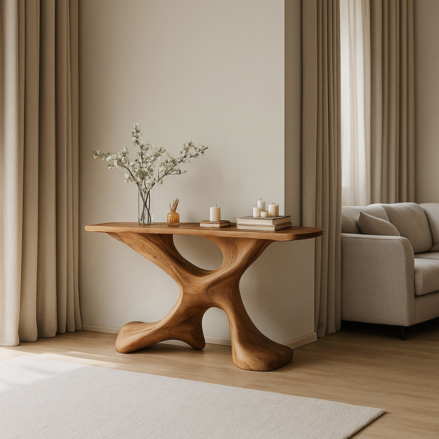 Handcrafted Solid Wood Console Table – Modern Sculptural X-Form Design for Contemporary Homes