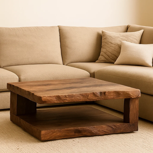 Handcrafted Solid Wood Coffee Table – Rustic Square Design with Natural Texture and Shelf