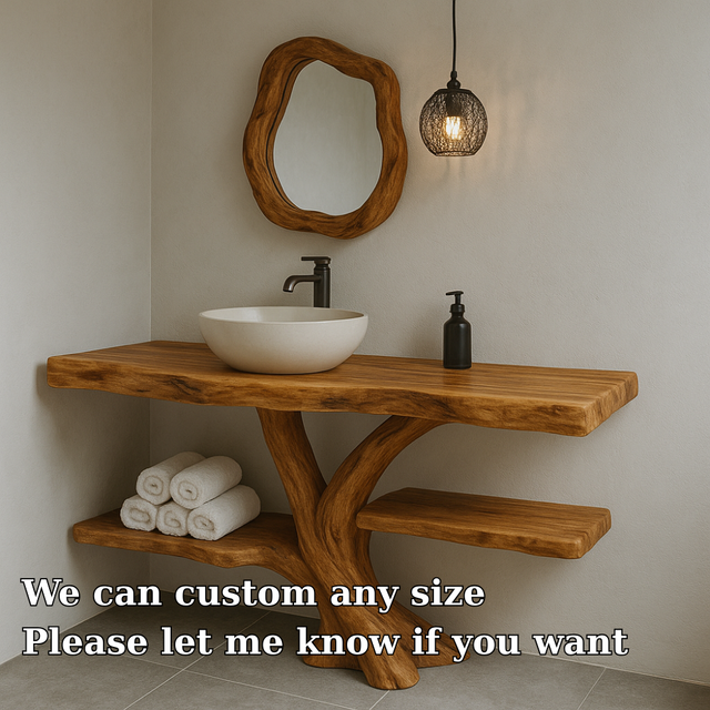 Handcrafted Solid Wood Bathroom Vanity – Natural Live Edge Design with Organic Curved Base