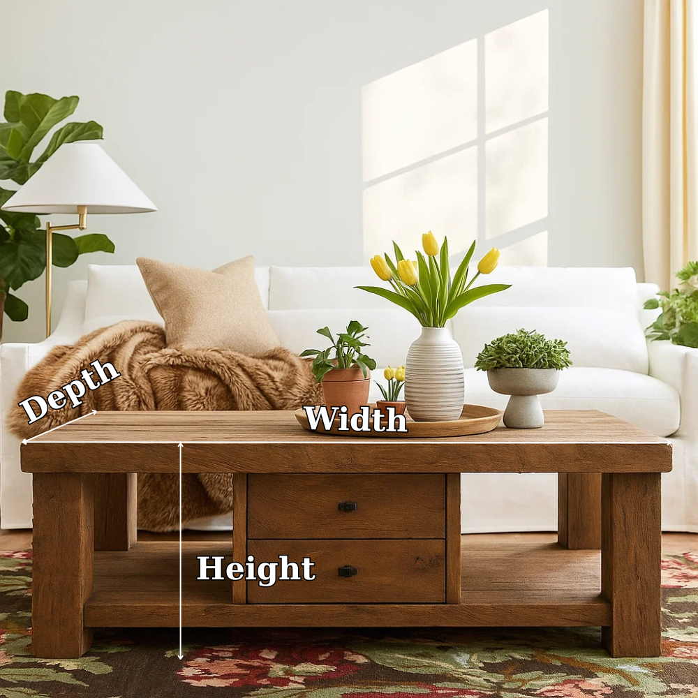 Handcrafted Solid Wood Coffee Table – Rustic Farmhouse Design with Drawers and Open Shelf