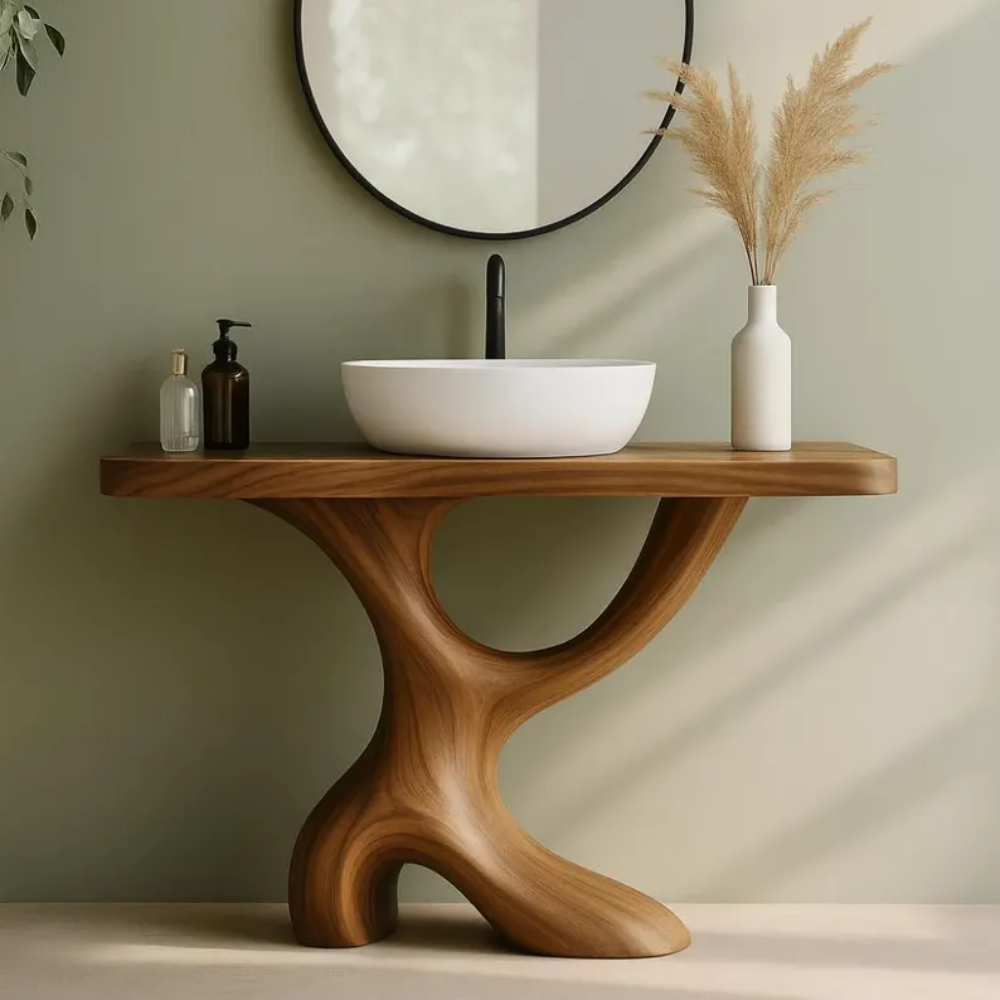 Handcrafted Solid Wood Bathroom Vanity with Sculptural Curved Base – Modern Organic Design