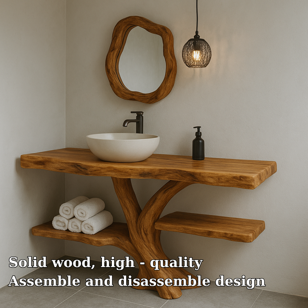 Handcrafted Solid Wood Bathroom Vanity – Natural Live Edge Design with Organic Curved Base