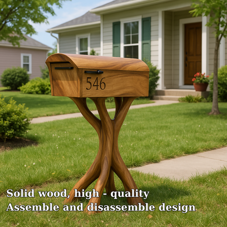 Handcrafted Solid Wood Mailbox with Sculpted Organic Base for Modern Home Exteriors