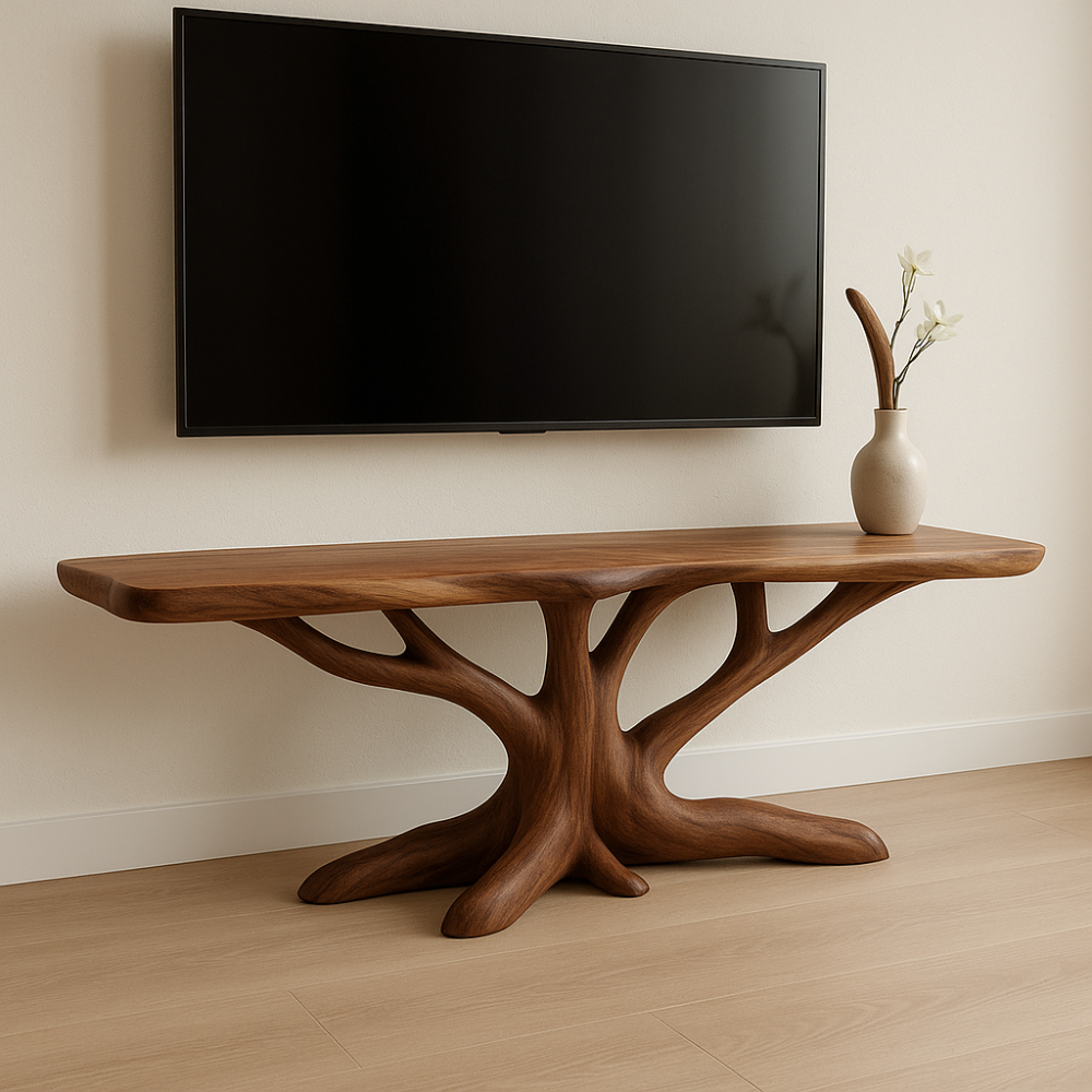 Handcrafted Solid Wood TV Stand – Modern Organic Design with Tree Branch Inspired Base