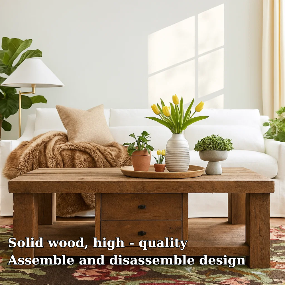 Handcrafted Solid Wood Coffee Table – Rustic Farmhouse Design with Drawers and Open Shelf