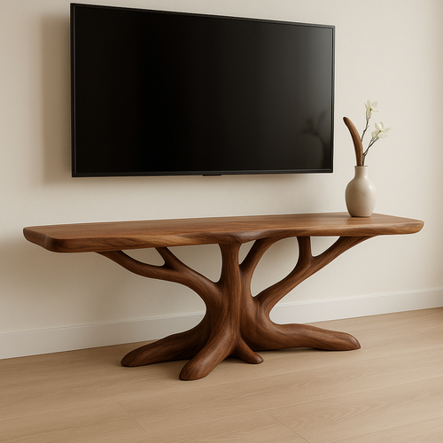 Handcrafted Solid Wood TV Stand – Modern Organic Design with Tree Branch Inspired Base