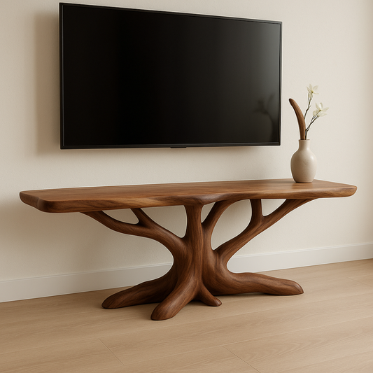 Handcrafted Solid Wood TV Stand – Modern Organic Design with Tree Branch Inspired Base