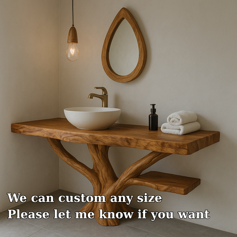 Handcrafted Solid Wood Bathroom Vanity – Sculptural Live Edge Design with Natural Finish