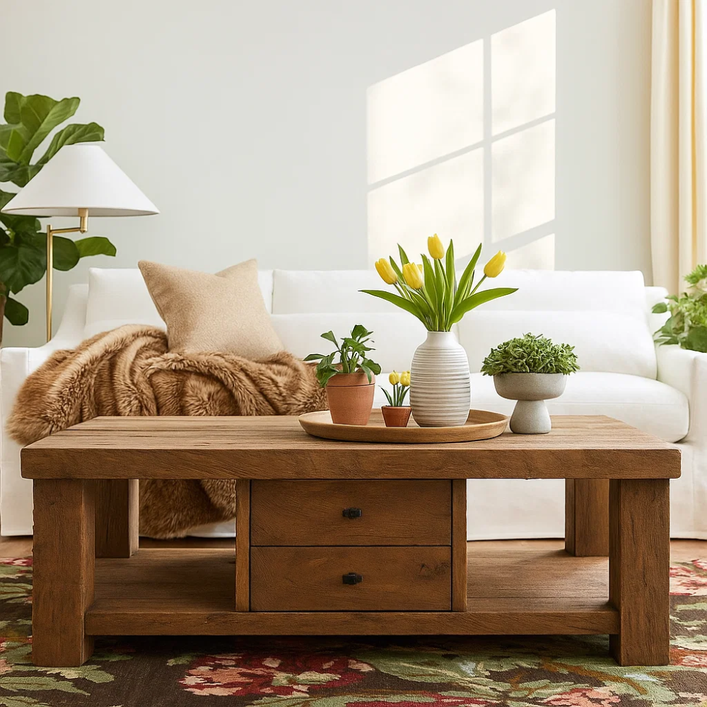 Handcrafted Solid Wood Coffee Table – Rustic Farmhouse Design with Drawers and Open Shelf