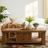 Handcrafted Solid Wood Coffee Table – Rustic Farmhouse Design with Drawers and Open Shelf