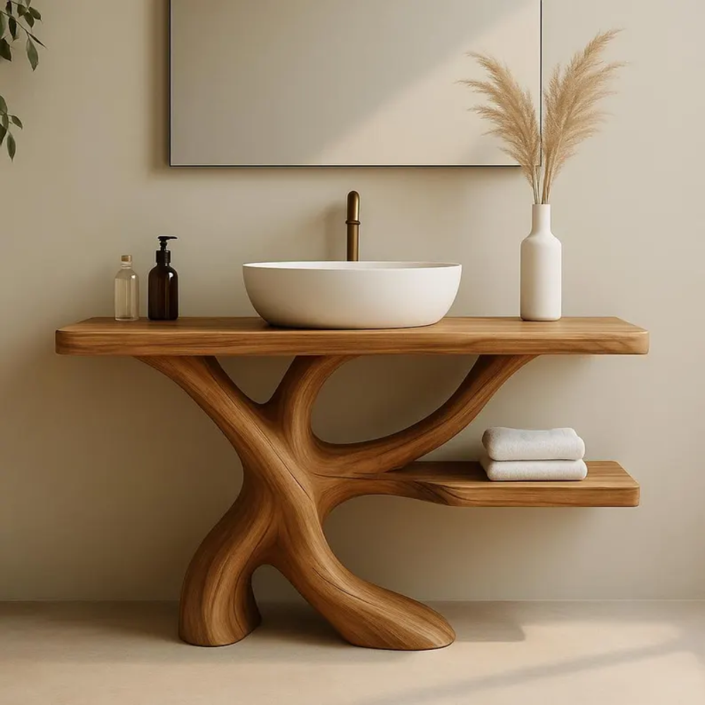 Handcrafted Solid Wood Bathroom Vanity with Organic Branch Design – Modern Natural Elegance