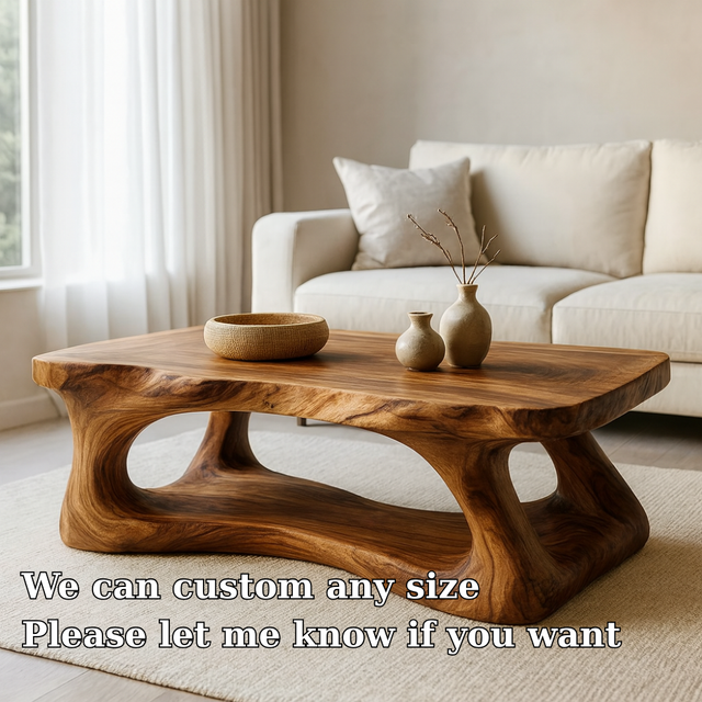 Handcrafted Solid Wood Coffee Table with Organic Sculptural Base, Modern Natural Center Table for Living Room, Luxury Artisan Wooden Furniture
