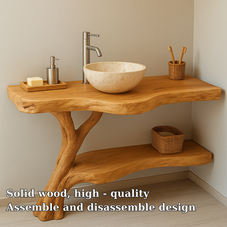 Handcrafted Solid Wood Bathroom Vanity – Live Edge Corner Design with Natural Finish