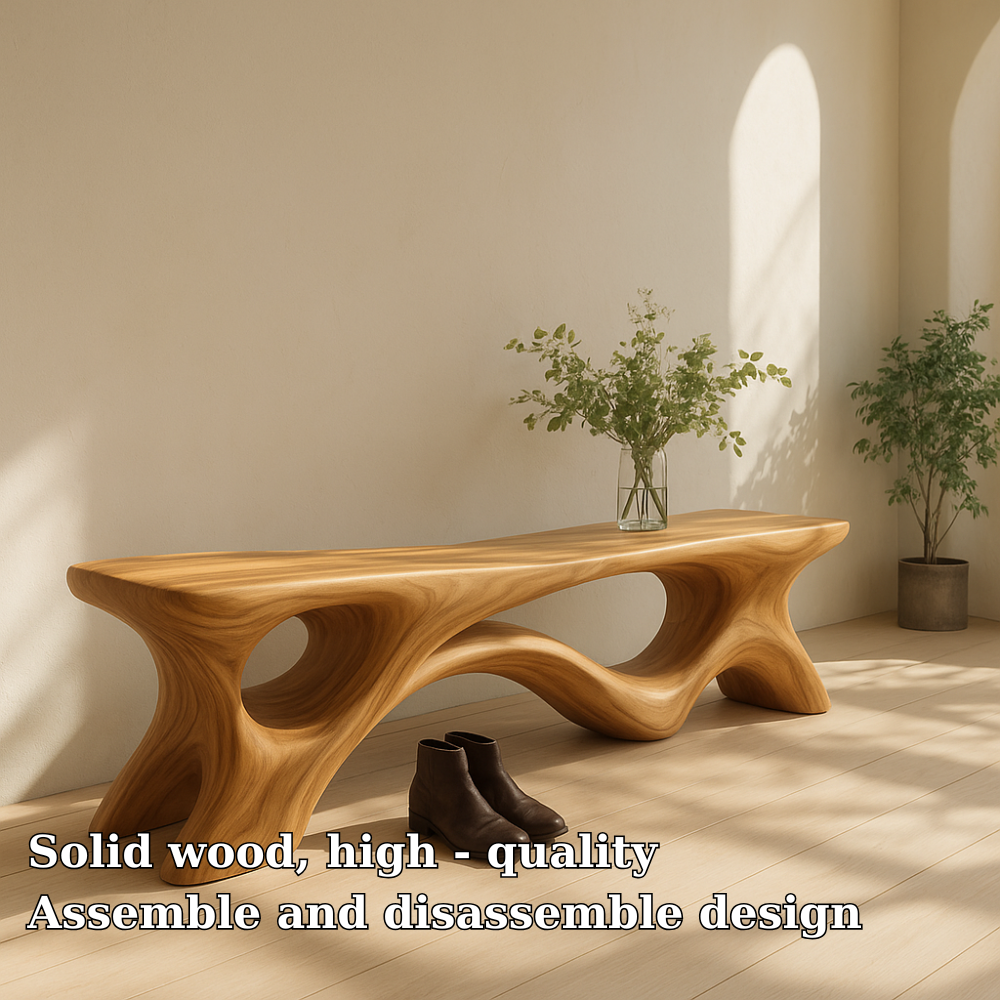 Handcrafted Solid Wood Bench – Sculptural Organic Design with Modern Flowing Curves