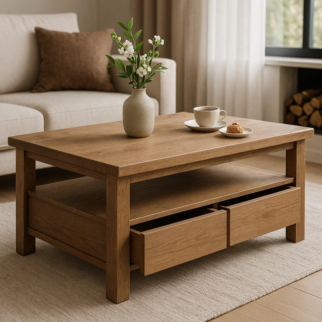Handcrafted Solid Wood Coffee Table – Modern Rustic Design with Storage Drawers