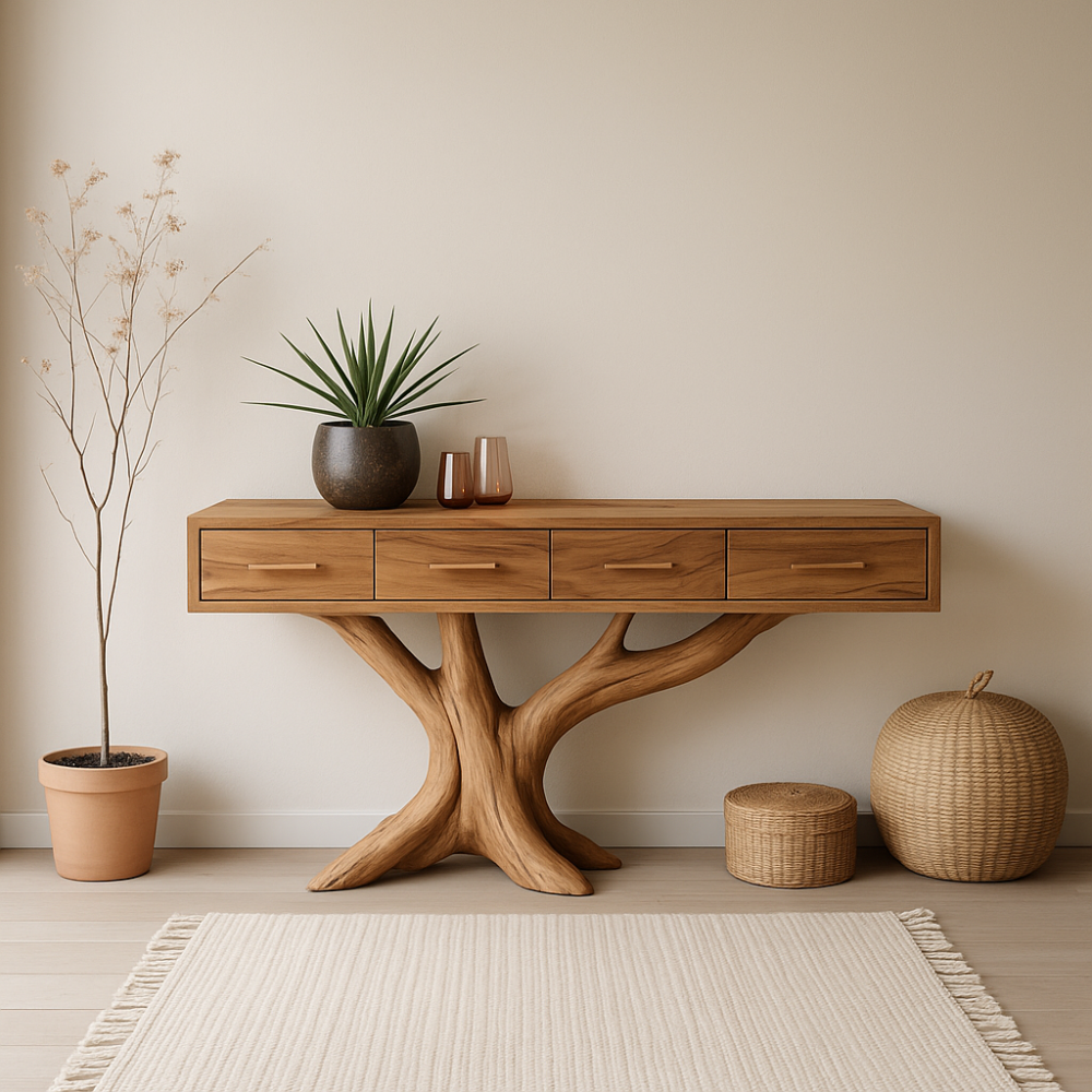 Handcrafted Solid Wood Console Table with Branch-Inspired Base – Modern Organic Entryway Decor