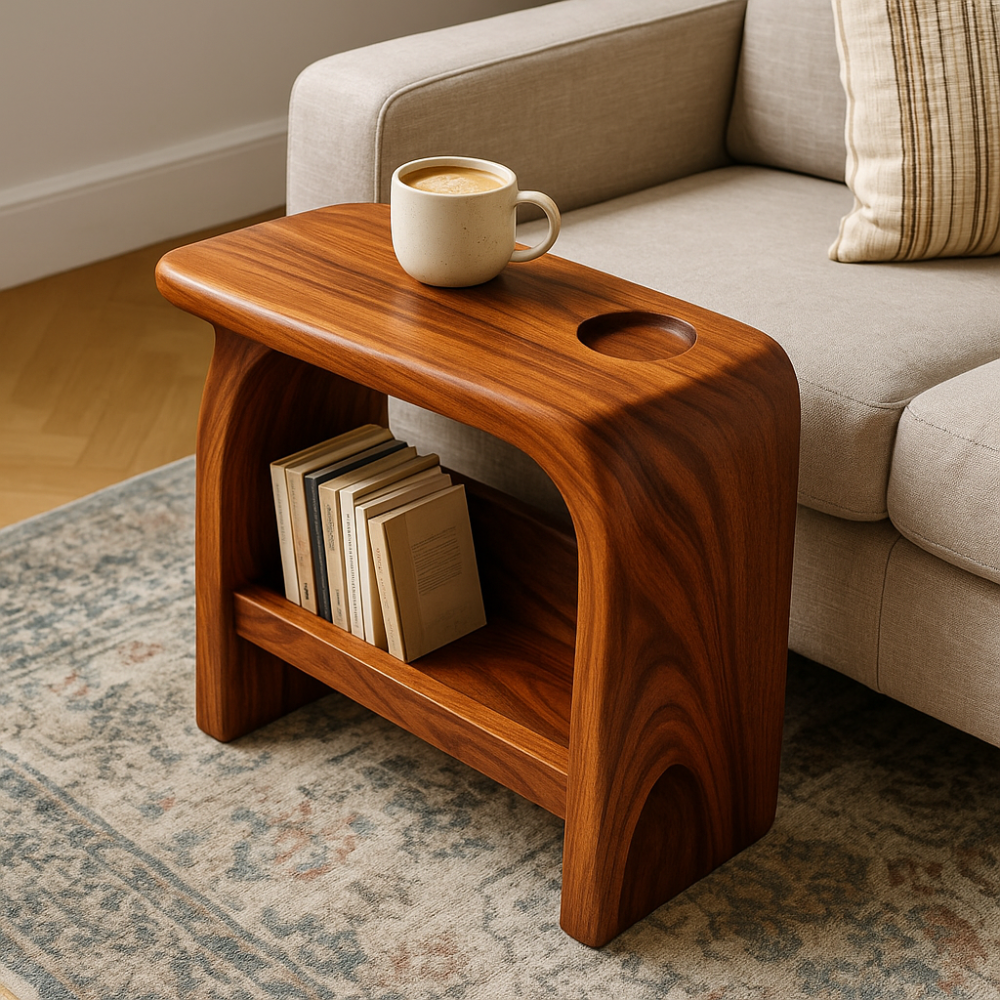 Handcrafted Solid Wood Armrest Table with Storage Shelf – Sculpted Organic Design