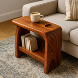 Handcrafted Solid Wood Armrest Table with Storage Shelf – Sculpted Organic Design