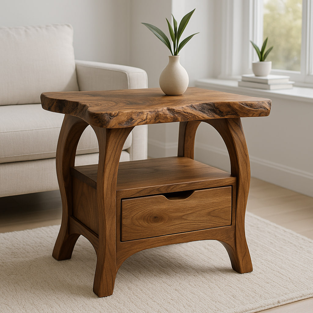 Handcrafted Solid Wood End Table with Drawer – Live Edge Organic Side Table