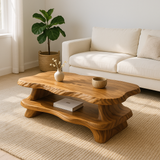 Handcrafted Solid Wood Coffee Table – Organic Live-Edge Design with Sculpted Double Shelf