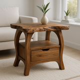 Handcrafted Solid Wood End Table with Drawer – Live Edge Organic Side Table