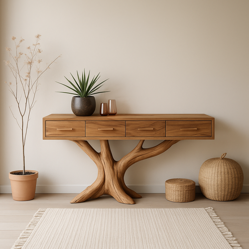 Handcrafted Solid Wood Console Table with Branch-Inspired Base – Modern Organic Entryway Decor