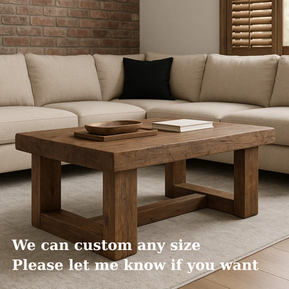 Handcrafted Solid Wood Coffee Table – Rustic Modern Center Table with Chunky Base and Natural Grain Finish for Living Room